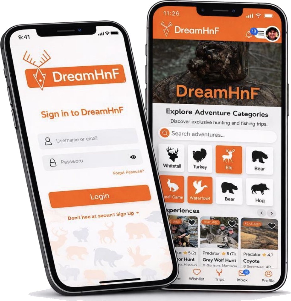 DreamHnF mobile app showing sign-in and adventure category screens