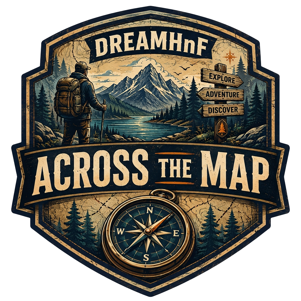 DreamHnF Across the Map badge — a navy vintage crest with a hiker, mountain lake, trail signpost and brass compass