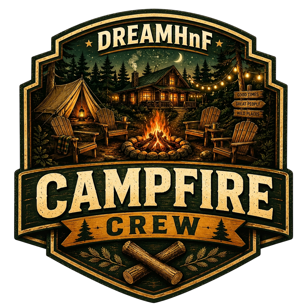 DreamHnF Campfire Crew badge — a green crest with a glowing campfire, cabin, tent and wooden chairs under string lights