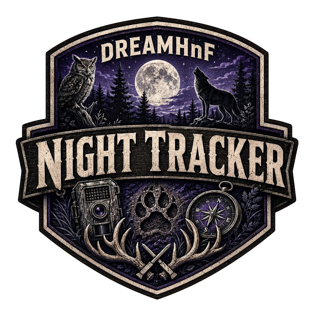 DreamHnF Night Tracker badge — a purple night crest with an owl, howling wolf, full moon, trail camera and compass