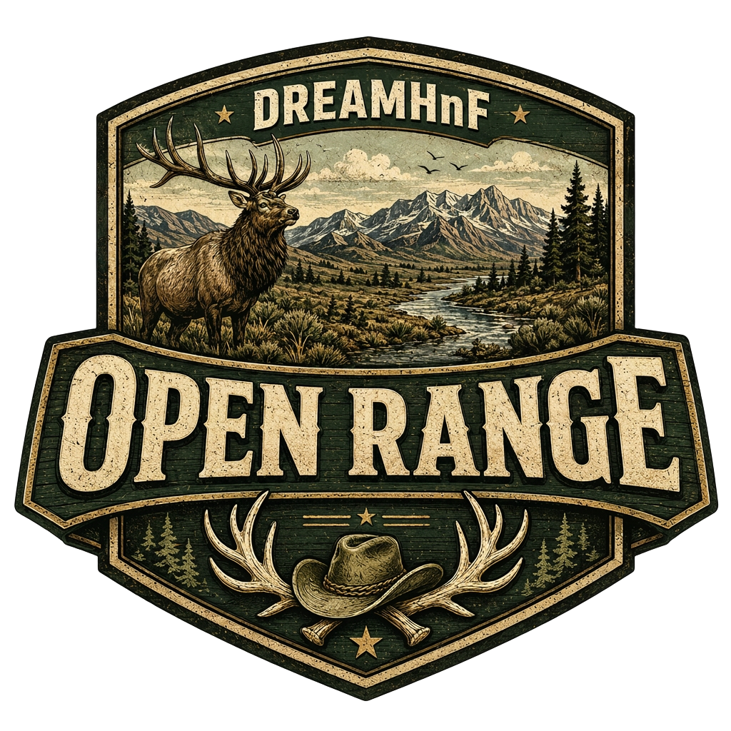 DreamHnF Open Range badge — a green vintage crest with a bull elk, mountain valley, river, and a hat with crossed antlers