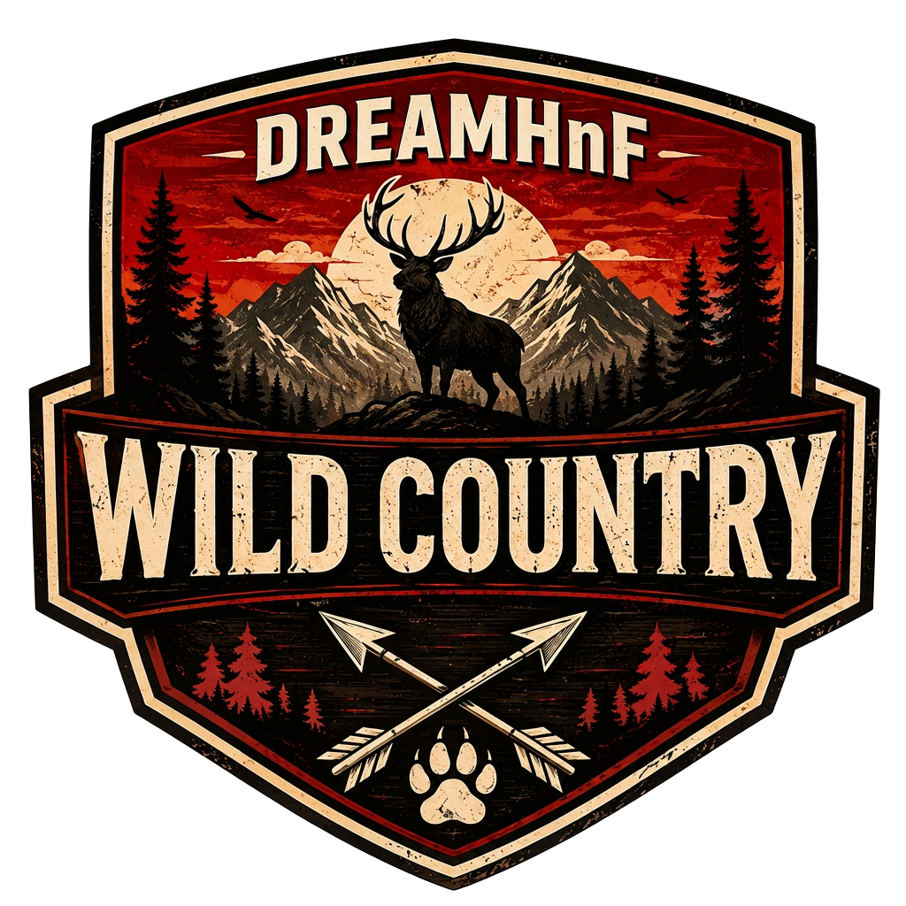 DreamHnF Wild Country badge — a red sunset crest with an elk on a ridge, crossed arrows and a paw print